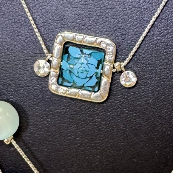 Silver Tone 3 Strands Necklace Blue Square and Round Beads clear Rhinestones - Picture 4 of 7